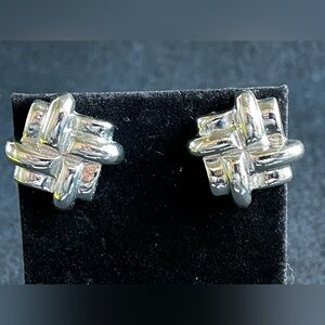 Square basketweave or lattice-style stud earrings- silver colored